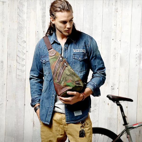 Camouflage Canvas Sling Backpack Men's Sling Bag - Back View