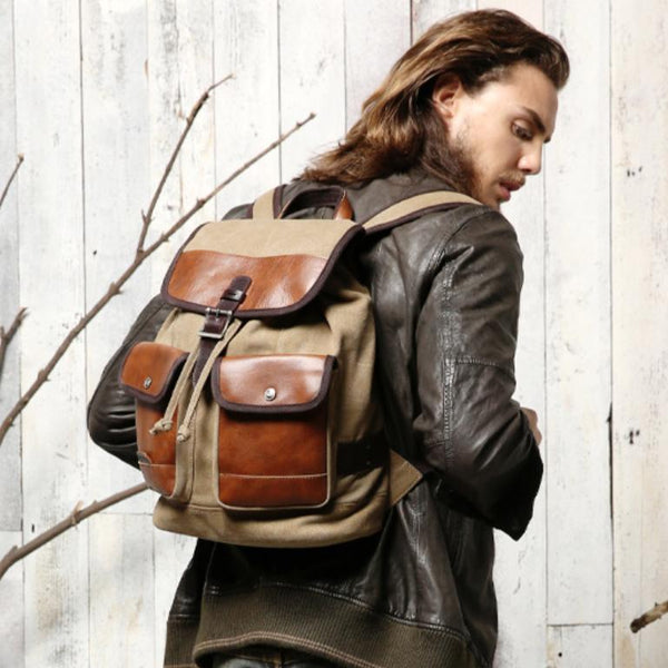 Fashion Canvas Leather Mens Khaki Backpack School - Back View