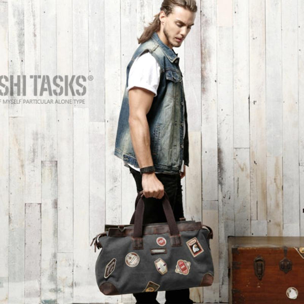 Black Mens Fashion Canvas Large Travel Bag - Back View