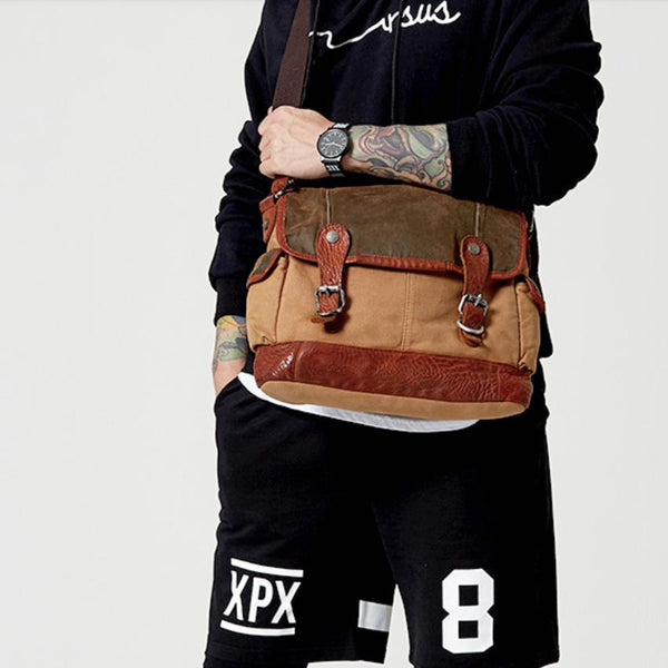 Khaki Canvas Leather Mens Coffee Side Bag - Back View