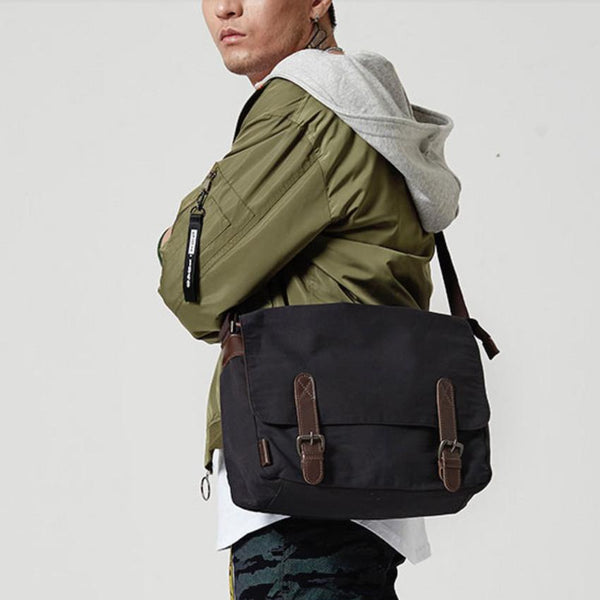 Black Canvas Leather Mens School Bag Messenger - Back View