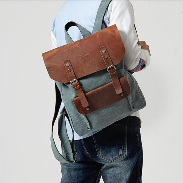 Fashion Canvas Leather Womens Army Green Backpack - Back View