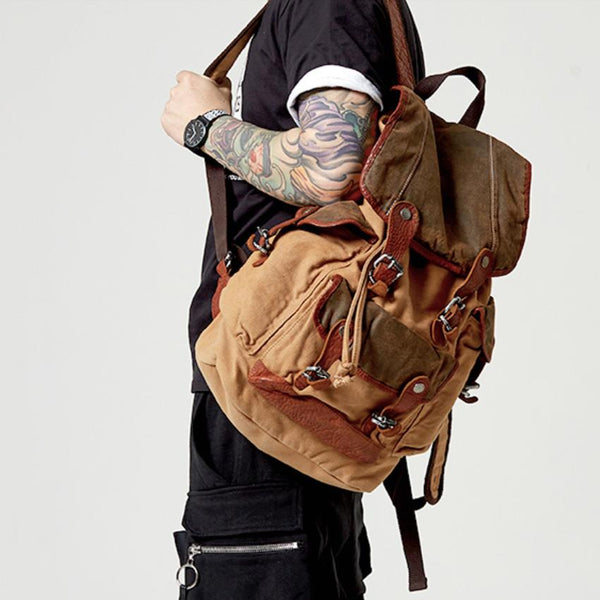 Khaki Canvas Leather Mens Large Backpack School - Back View