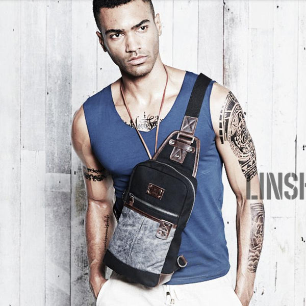 Black Canvas Leather Sling Backpack Men's Sling - Back View