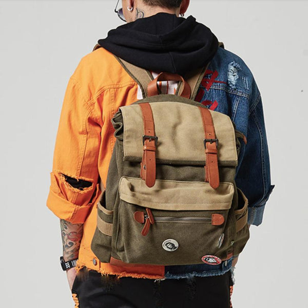Army Green Canvas Leather Mens Large Backpack - Back View