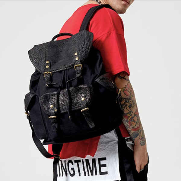 Fashion Canvas Leather Mens Backpack School Backpack - Back View