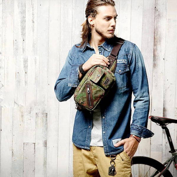 Yellow Camouflage Canvas Fanny Packs Men's Chest - Back View