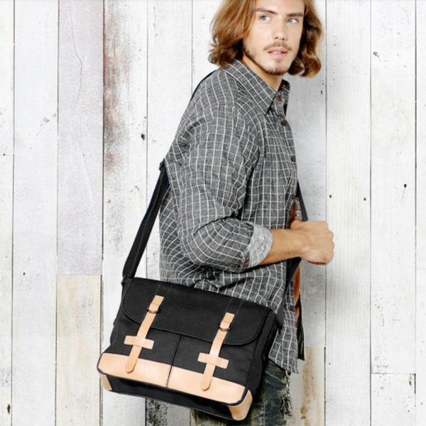 Black Canvas Leather Mens Side Bag Messenger - Back View