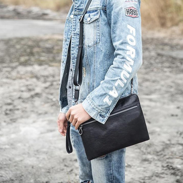 Black Cool Leather Mens Wristlet Bag Clutch - Back View