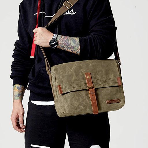 Fashion Waxed Canvas Leather Mens Army Green - Back View