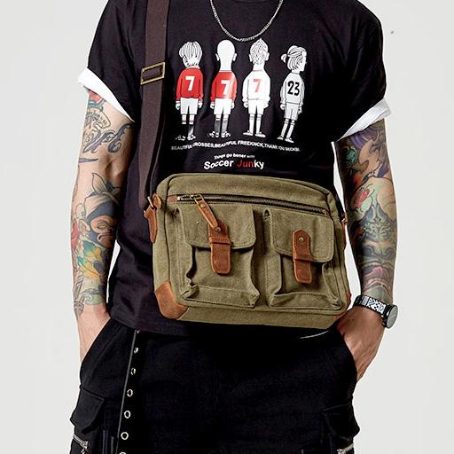 Fashion Canvas Leather Mens Khaki Side Bag - Back View
