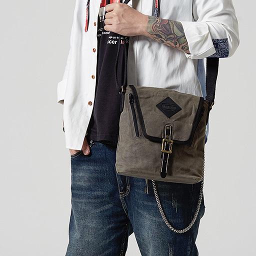 Vertical Waxed Canvas Leather Mens Gray Side - Back View