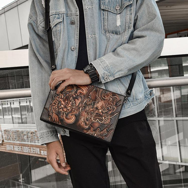Handmade Black Tooled Lion Dragon Leather Messenger - Back View