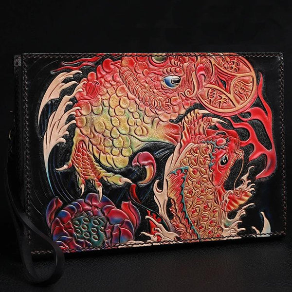 Black Handmade Tooled Leather Carp Toad Clutch - Back View