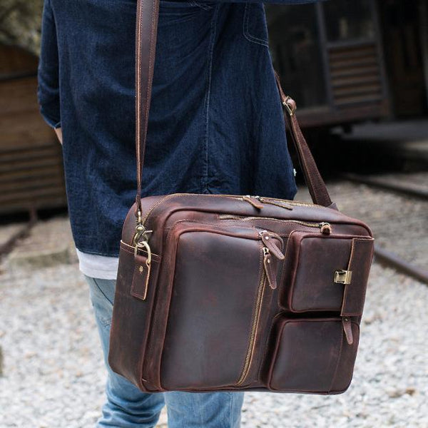 Large Brown Leather Mens Briefcase 15inch Laptop Backpack Work Bag Travel Bag For Men