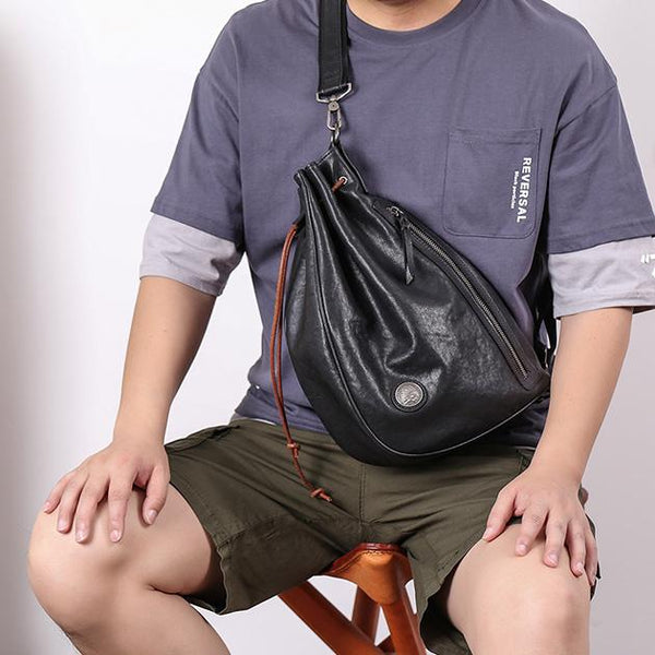 Cool Black Leather Men's Sling Pack Chest - Back View