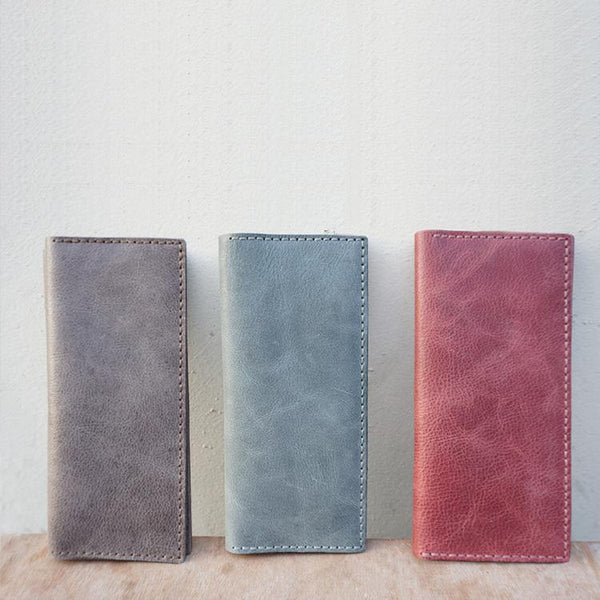Handmade Slim Checkbook Wallet Khaki Leather Mens Bifold Long Wallet Lots Cards GJ01481010
