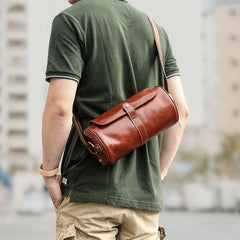 Brown Leather Mens Casual Bucket Shoulder Bag Barrel Messenger Bags Postman Bag For Men