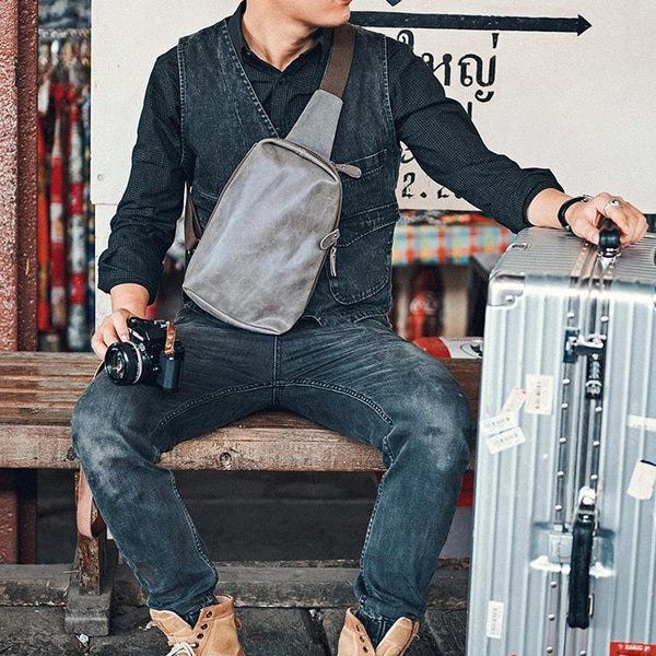 Canvas Leather Mens Gray Sling Backpacks Brown - Back View