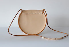 Cute Leather Beige Womens Small Round Saddle Crossbody Purse Shoulder Bag for Women