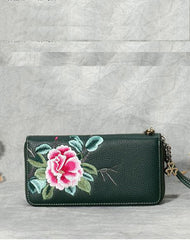Handmade Embroidery Gray Leather Peony Wristlet Wallet Womens Zip Around Wallets Flowers Peony Ladies Zipper Clutch Wallet for Women