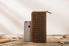 Cool Leather Mens Braided Long Zipper Clutch Wallet Long Wallet for Men