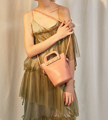 Cute Leather Pink Womens Mini Bucket Purse Handbag Barrel Shoulder Bag for Women