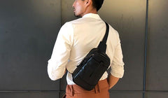 Black Leather Mens Sling Bag Sling Shoulder Bag Chest Bag for men