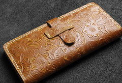 Handmade long leather wallet floral leather clutch wallet for women men zip - EverHandmade