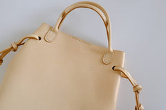 Handmade Leather Beige Womens Handbag Bucket Purse Barrel Bag for Women