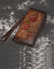 Womens Flowers Leather Zip Around Wallet Wristlet Wallet Floral Ladies Zipper Clutch Wallet for Women