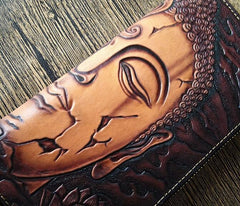 Handmade Leather Buddha&Demon Tooled Mens Long Wallet Cool Leather Wallet Clutch Wallet for Men
