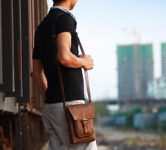 Handmade Vintage Leather Mens Small Messenger Bag Coffee Cell Phone Shoulder Bag for Men