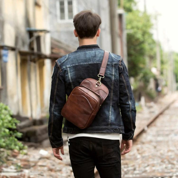 Casual Brown Leather Mens Sling Pack Sling - Back View