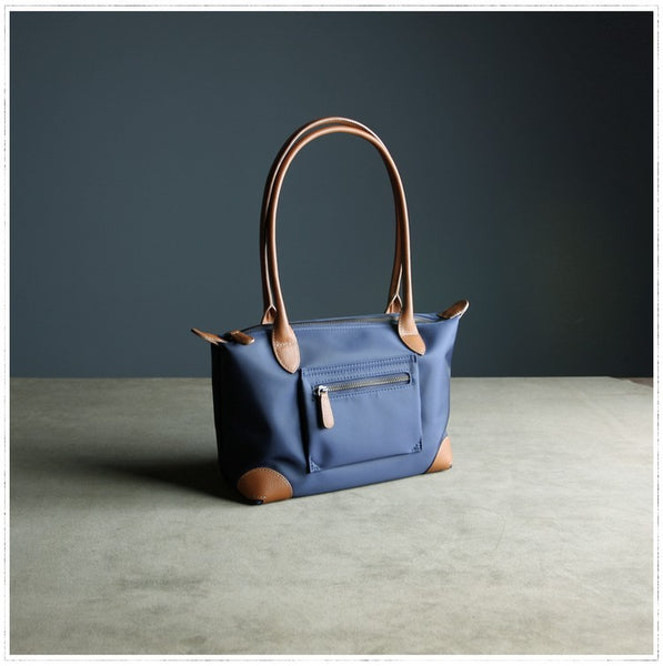 Womens Navy&Brown Nylon Shoulder Tote Medium Dark Blue Nylon&Brown Handbag Purse NB02191001