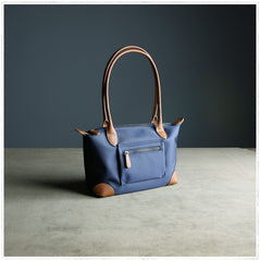 Womens Navy&Brown Nylon Shoulder Tote Medium Dark Blue Nylon&Brown Handbag Purse for Ladies