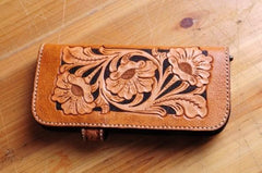 Handmade Tooled Floral Mens Leather Long Biker Wallet Cool Long Chain Wallet for Men