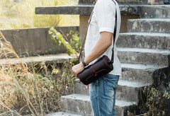 Cool Leather Mens Barrel Shoulder Bag Coffee Messenger Bags for Men
