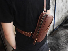 Genuine Black Leather Mens Cool Sling Pack Chest Bag Sling Bag Crossbody Pack for men