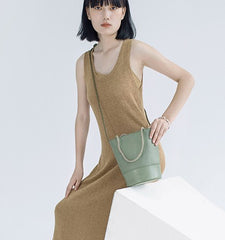 Cute Leather Green Womens Mini Bucket Purse Handbag Barrel Shoulder Bag for Women