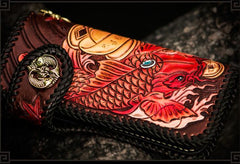 Handmade Leather Tooled Carp Mens Biker Chain Wallet Cool Leather Wallet Long Chain Wallets for Men