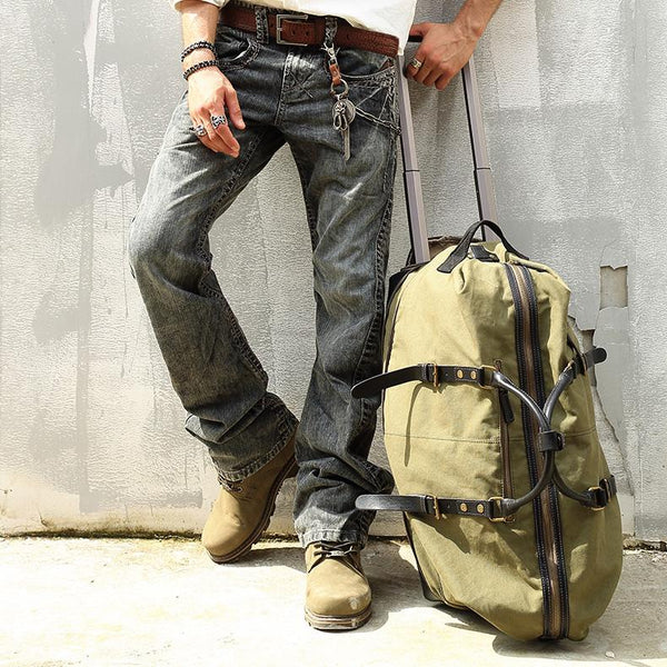 Army Green Canvas Mens Travel Bag Weekender - Back View
