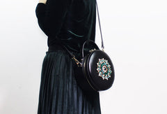 Genuine Leather Round Bag Handbag Purse Shoulder Bag Black for Women Leather Crossbody Bag