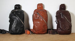 Handmade Genuine Leather Mens Cool Chest Bag Sling Bag Crossbody Bag Travel Bag Hiking Bag for men