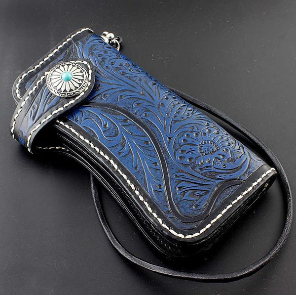Tooled Handmade Blue Leather Men's Chain Wallet Motorcycle Wallet Long Wallet with Chain For Men