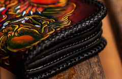 Handmade Leather Chinese Lion Mens Tooled Chain Biker Wallet Cool Long Leather Wallets With Chain Wallets for Men