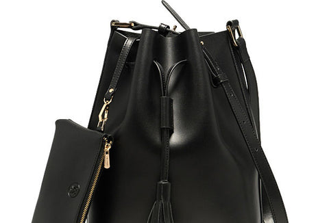 Genuine Black Leather bucket bag shoulder bag for women leather Barrel crossbody bag