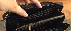 Handmade Genuine Leather Mens Clutch Cool Long Wallet Skull Zipper Clutch Wristlet Wallet for Men