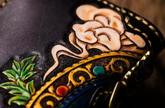 Handmade Leather Tooled Yellow Jambhala Mens Chain Biker Wallets Cool Leather Wallet Zipper Long Wallets for Men