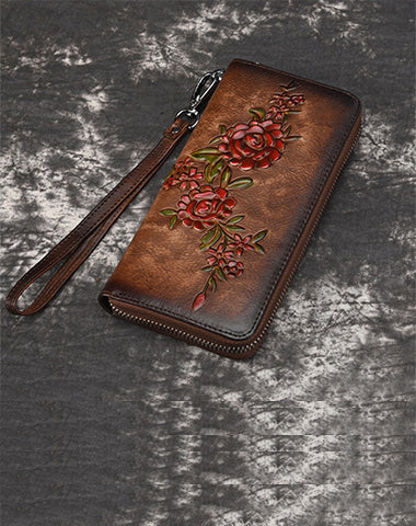 Womens Flowers Brown Leather Zip Around Wallet Wristlet Wallet Floral Ladies Zipper Clutch Wallet for Women